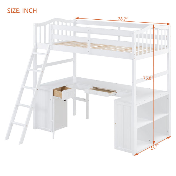 English Elm Twin Loft Bed with Desk Drawers Cabinet Shelves Solid Pine Wood White Finish LT0001505AAK-1