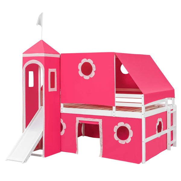 English Elm Full Size Kids Castle Loft Bed with Slide Tent Tower Pinewood Play Zone LT000772AAH-2