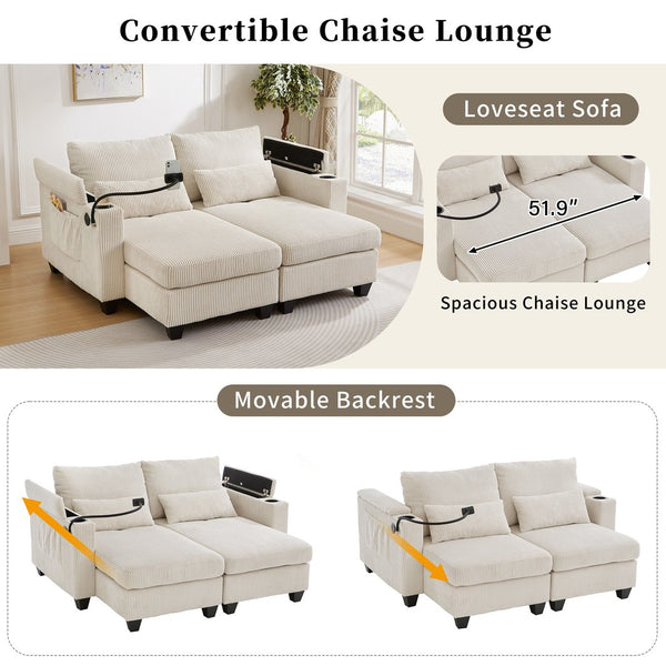 English Elm Convertible Chaise Lounge Sofa Bed With Usb Ports, Cup Holders & Storage – Modern Comfort In Beige N719S002020A
