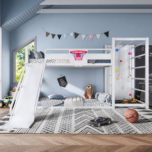 English Elm Twin Metal Loft Bed with Slide Basketball Hoop Climbing Wall and Built-in Shelves White W1580S00633