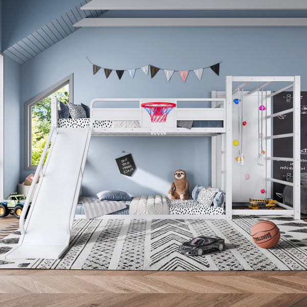 English Elm Twin Metal Loft Bed with Slide Basketball Hoop Climbing Wall and Built-in Shelves White W1580S00633