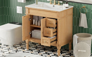 English Elm 30-inch Freestanding Bathroom Vanity Solid Wood Base Ceramic Sink Gold Hardware N729P299368N