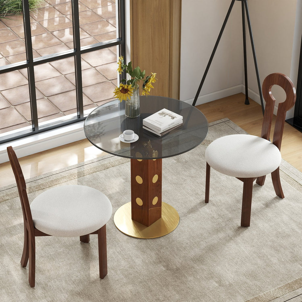 English Elm Modern Round Dining Table - 33.5" Glass Top With Wooden Legs & Gold Base, Perfect For Small Spaces! W1535S00580