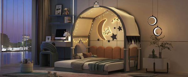 English Elm Twin Pinewood Ground-Level Canopy Bed with Arched Roof and Trundle for Kids—Whimsical, Sturdy Design Gray N820P181648E