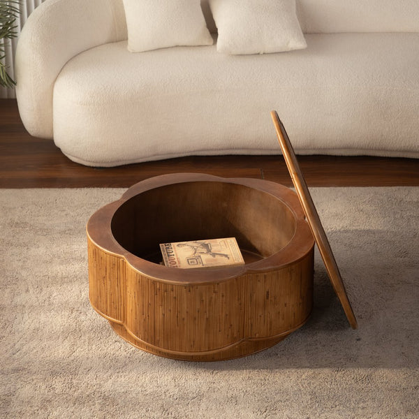 English Elm Flower-shaped Rattan Coffee Table Boho Woven Design with Hidden Lift Top Storage W3081P464745