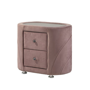 English Elm 1pc Pink Velvet Nightstand with Sandblasted Glass Top, Art Deco Two Drawers, Chrome Legs - Luxurious Bedroom Accent B2741P321723
