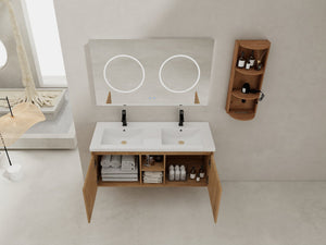 English Elm 48" Wall-Mounted Bathroom Vanity With Double Sink, Soft-Close Doors & Storage Rack For Modern Homes W999S00346