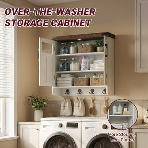 English Elm Bathroom Wall Cabinet Over Toilet with Adjustable Shelves and Built in Towel Hook Brown+White T5831P488974