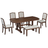 English Elm 6-Piece Dining Table Set, 60Inch To 78Inch Extendable Wood Dining Table With Removable Leaf, Kitchen Table Set With 4 Upholstered Side Chair and Bench, Dining Table Set For 6 (Cherry)