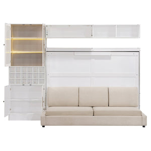 English Elm Full Size Murphy Wall Bed with Linen Sofa Integrated Shelving Usb Charging and Lighting LP000763AAK