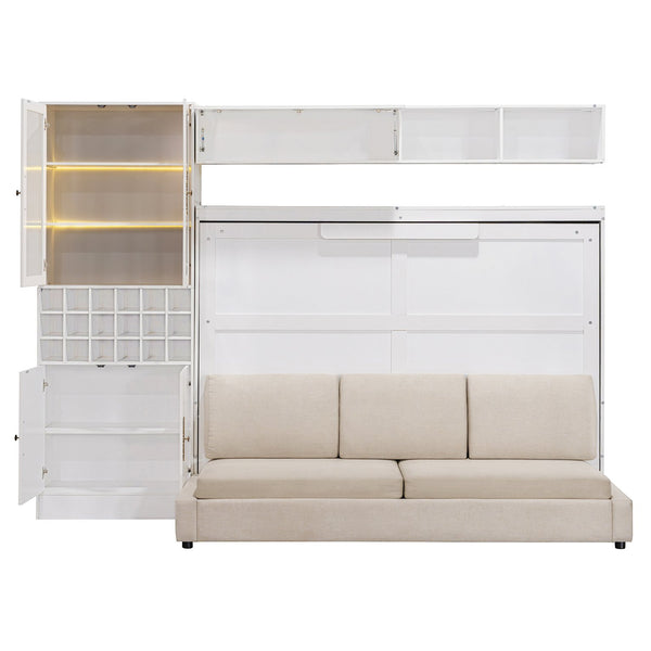 English Elm Full Size Murphy Wall Bed with Linen Sofa Integrated Shelving Usb Charging and Lighting LP000763AAK