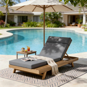 English Elm Lounge Chaise Outdoor Acacia Wood Slatted Frame with Water Resistant Cushion Resort Style Dark Gray,Light Brown N770P442L67G