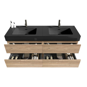 English Elm Grace 60" Bathroom Vanity Wall-Mounted Floating Mid-Century Modern Walnut Grille, Quiet Soft-Close Drawers and One-Piece White Basin (ECO) Black+Brown W1865S00168