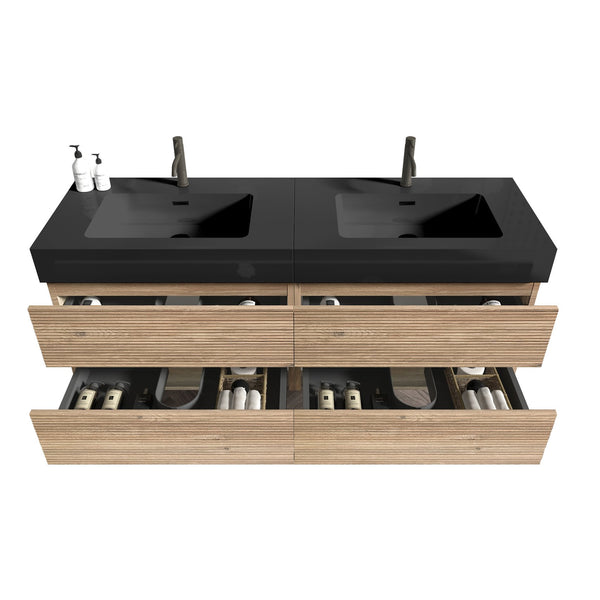 English Elm Grace 60" Bathroom Vanity Wall-Mounted Floating Mid-Century Modern Walnut Grille, Quiet Soft-Close Drawers and One-Piece White Basin (ECO) Black+Brown W1865S00168