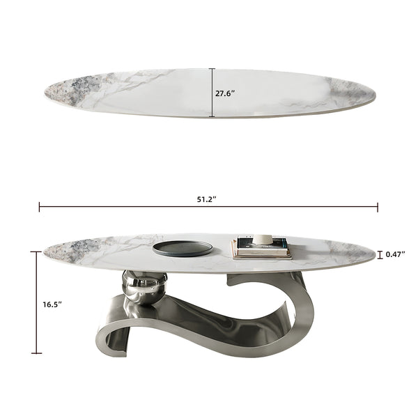 English Elm Silver Sintered Stone Top Coffee Table with Mirrored Steel Pedestal for Modern Living W3985S00018