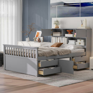 English Elm Full Size Captain Platform Bed Frame With Storage, Bookcase Headboard & Configurable Drawers, Gray N7090000473E