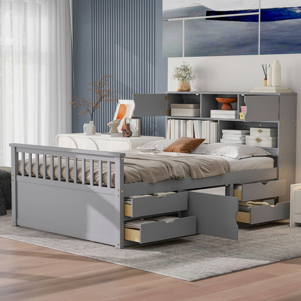 English Elm Full Size Captain Platform Bed Frame With Storage, Bookcase Headboard & Configurable Drawers, Gray N7090000473E