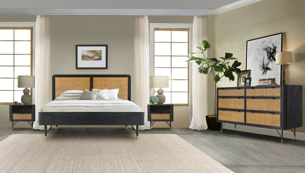 English Elm Saratoga King Bed Solid Acacia Frame Woven Rattan Headboard Bohemian Bedroom B2736S00032