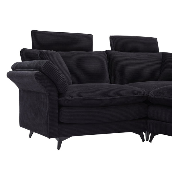 English Elm Deep Seat Sectional Sofa - Plush Black Corduroy Couch With Ottomans For Modern Living Spaces W2120S00001-GIGA