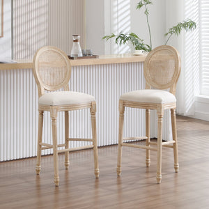 English Elm French Country Bar Chairs Set Of 2 - Upholstered Rattan Back, Vintage Elegance For Dining & Living Spaces W3426P324575