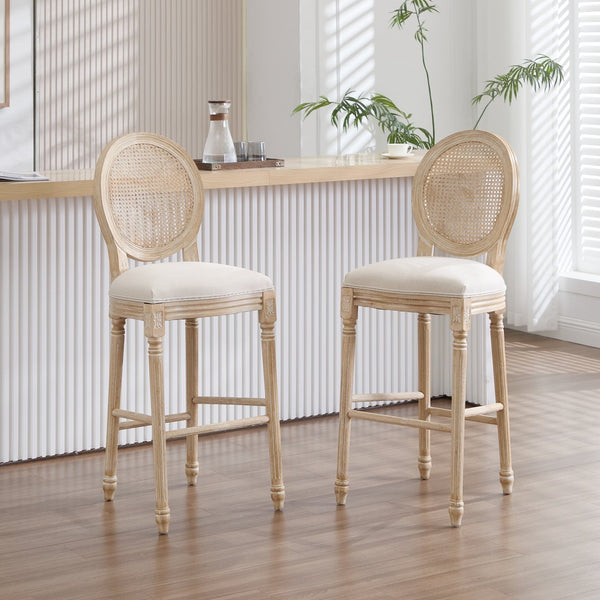 English Elm French Country Bar Chairs Set Of 2 - Upholstered Rattan Back, Vintage Elegance For Dining & Living Spaces W3426P324575