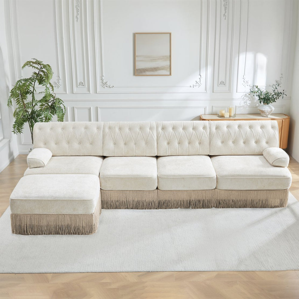 English Elm 135" Modular Velvet Sectional Sofa Chesterfield Tufted Tassel Skirt Living Room W714S01689