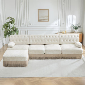 English Elm 135" Modular Velvet Sectional Sofa Chesterfield Tufted Tassel Skirt Living Room W714S01689