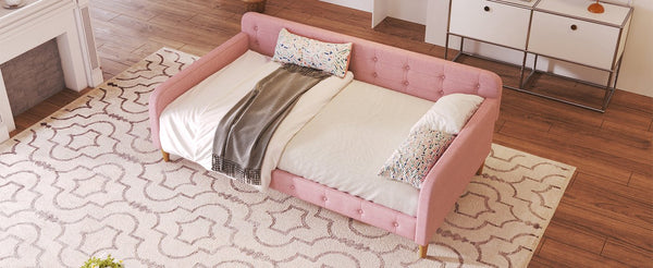 English Elm Twin Upholstered Daybed with Pine Frame and Linen Fabric, Button-Tufted High Sideboard, 79" L Pink N709P266225H