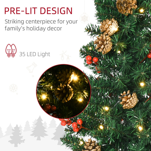English Elm HOMCOM Prelit 4-Piece Holiday Set with 2 Entry Trees, Garland & Wreath, Warm White LEDs, Red Berries W2225P229437