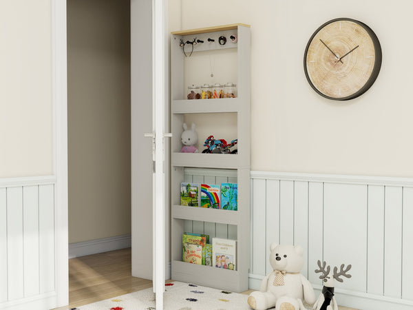 English Elm 72" Slim Six-tier Freestanding Cabinet Antique White Finish for Bathroom or Hallway W282P412292