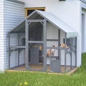 English Elm Extra Large Walk-in Outdoor Cat Enclosure with Oxford Roof Ramps and Dual Resting Huts W1422S00046