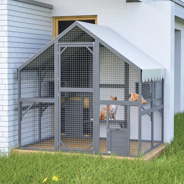 English Elm Extra Large Walk-in Outdoor Cat Enclosure with Oxford Roof Ramps and Dual Resting Huts W1422S00046