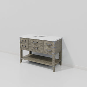 English Elm Grey Oak Single Bath Vanity With White Quartz Top - 48” W, Stylish Storage & Easy Maintenance! B2731P260227