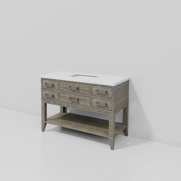 English Elm Grey Oak Single Bath Vanity With White Quartz Top - 48” W, Stylish Storage & Easy Maintenance! B2731P260227