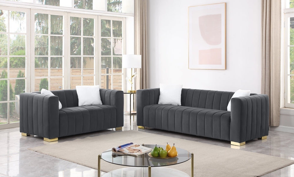 English Elm A Modern Channel Sofa - Elegant Grey Velvet Chesterfield Design, 3-Seater Comfort For Any Space W1099S00126