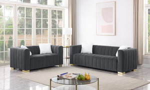 English Elm A Modern Channel Sofa - Elegant Grey Velvet Chesterfield Design, 3-Seater Comfort For Any Space W1099S00126
