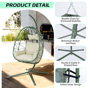 English Elm Hanging Egg Chair Pe Wicker Swing Seat with Stand Washable Cushion Patio Balcony T5880P497577
