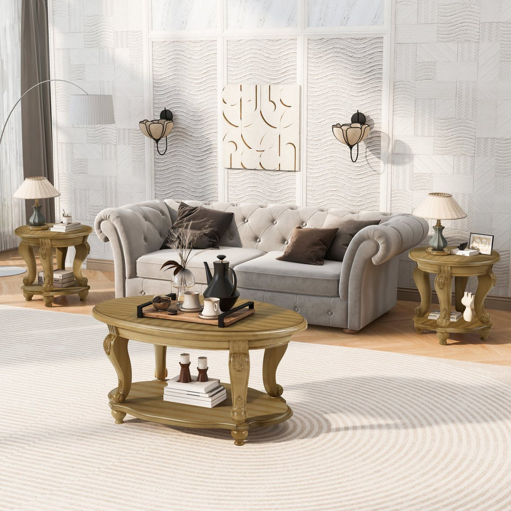 English Elm Living Room 3 Piece Coffee Table Set Oval Antique Floral Carved Wood Veneer W1202S00009