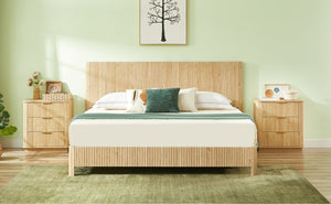 English Elm Queen Bed Frame with Led Lighting Curved Groove Panels and Floating Base Modern Bedroom W1820S00067