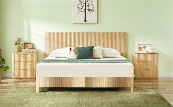 English Elm Queen Bed Frame with Led Lighting Curved Groove Panels and Floating Base Modern Bedroom W1820S00067