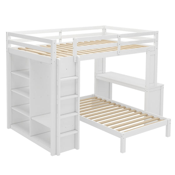 English Elm Queen Multifunctional Solid Wood Bunk Bed With Desk, Dismountable Twin Bed, Shelves & Wardrobe W1580S00214-GIGA