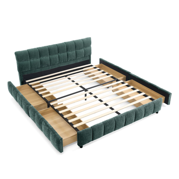 English Elm Queen Chenille Upholstered Platform Bed with Storage Drawers and Padded Headboard Blue+Green W487P235285