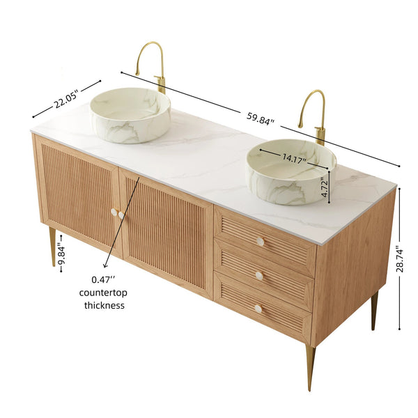 English Elm Munin Freestanding 60 Inch Bathroom Vanity Oak Plywood Cabinet Ceramic Stone Basin W2615S00479