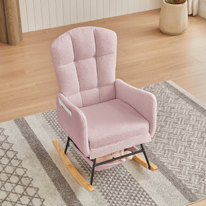 English Elm Beige Plush Teddy Fabric Rocking Chair High Back Armchair for Nursery or Reading Nook Pink W3985P386791