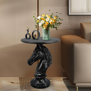English Elm Horse Head Sculpted Resin End Table with Faux Marble Top for Bold Living Rooms Black W5398P454679