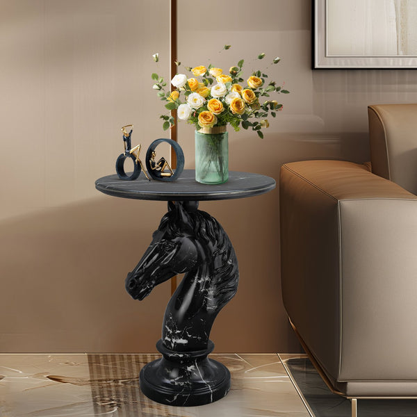 English Elm Horse Head Sculpted Resin End Table with Faux Marble Top for Bold Living Rooms Black W5398P454679