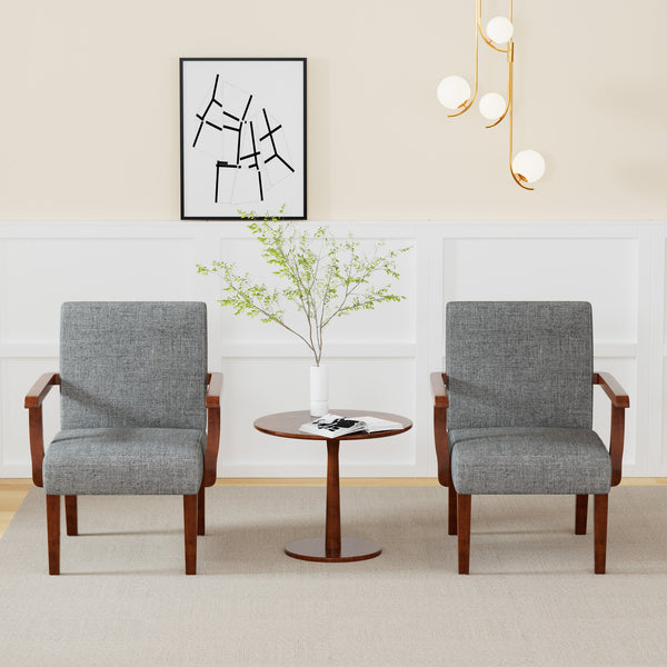 English Elm Fabric Accent Arm Chair Set with Round Wood Side Table — Durable Hardwood Frame, Cozy Seating for Small Spaces Grey W1420P188103