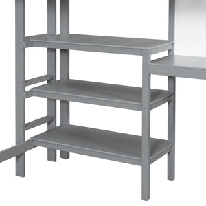 English Elm Twin Loft Bed with Built-in Desk Shelving and Dry-erase Board for Kids Rooms Gray LT100320AAE