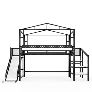 English Elm Twin Metal Loft Bed with Built-in Wardrobe Storage Stairs Led Lights and Usb Ports W5316S00047