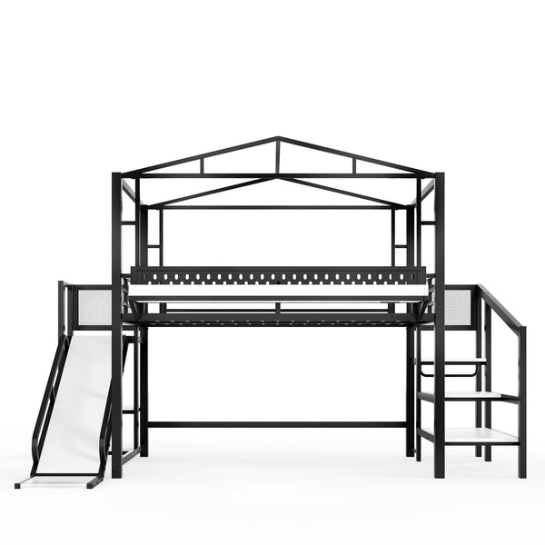English Elm Twin Metal Loft Bed with Built-in Wardrobe Storage Stairs Led Lights and Usb Ports W5316S00047